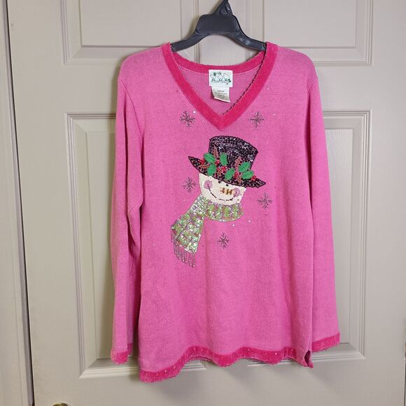 The Quacker Factory Sweater Size Medium Pink Snowman Vneck Long Sleeve Holiday - Picture 1 of 5